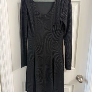 Noir Black Geometric Textured Knit Long Sleeve A-Line Knee Length Dress M